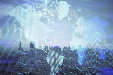 Forex graph on city view with skyscrapers background multi exposure. Financial analysis concept.