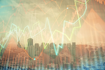 Forex graph on city view with skyscrapers background multi exposure. Financial analysis concept.