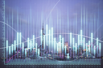 Forex chart on cityscape with tall buildings background multi exposure. Financial research concept.