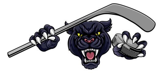 A panther ice hockey player animal sports mascot holding a hockey stick and puck © Christos Georghiou