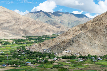 Fototapeta na wymiar Ladakh, India - Aug 04 2019 - Beautiful scenic view from Between Leh and Chang La Pass (5360m) in Ladakh, Jammu and Kashmir, India.