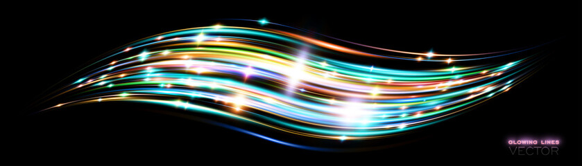Futuristic wave Flash. Magic sparks. Mystical shine streaks. Empty place. Abstract background. Neon wind lines. Glow effect. Beautiful light. Glint cosmic rays. Power energy. Vector. EPS10