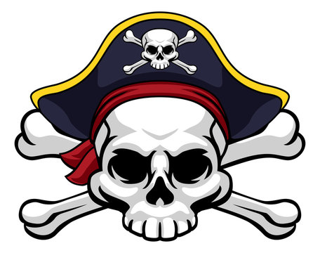 A skull and crossbones jolly roger wearing a pirate hat which also has a cross bones on it