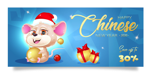 Happy Chinese New Year 2020 sale banner cartoon template. Holiday special offer and discounts, seasonal clearance horizontal poster layout. Blue background with mouse. Save up to 30 percent price off