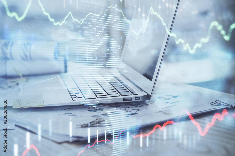 Poster forex chart hologram on table with computer background. multi exposure. concept of financial markets