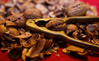 Close up pile with cracked walnut shells and isolated retro lever nutcracker with red background.