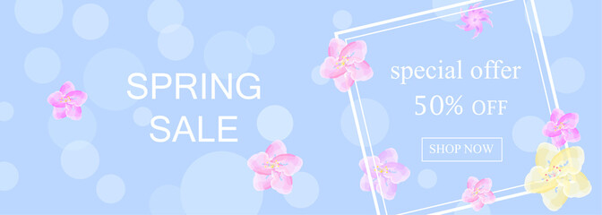 special offer spring sale banner on light blue background and cherry blossom
