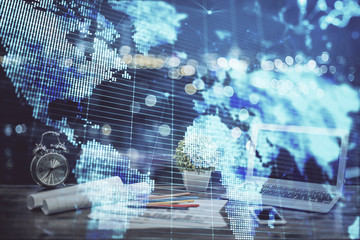 Multi exposure of business theme icons and work space with computer background. Concept of success.