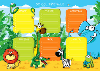 School timetable with funny animals of Africa
