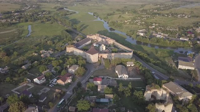 Aerial to Medzhybizh Castle and Church of St. Nicholas, one of the strongest fortres of the Crown of the Kingdom of Poland in Podolia. It is situated at confluence of Southern Bug rivers, Ukraine