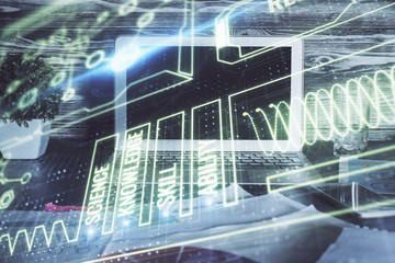 Desktop computer background and education theme drawing. Double exposure. Study concept.