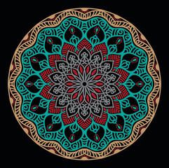 Abstract mandala graphic design decorative elements isolated on black color background for ancient geometric concepts