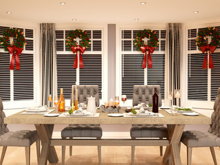 Dining room table with festive decorations and Christmas wreath on windows. 3D rendering.