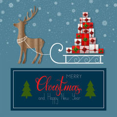 Merry Christmas and Happy New Year card with lettering. Christmas tree made from gift boxes on Santa sleigh