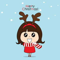 Cute character girl with santa costume. Christmas background. Christmas Greeting Card. Vector illustration.
