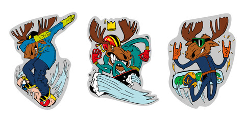 Three elk lovers of winter sports, skiing and snowboarding. Color illustrations, stickers, can be used in advertising and sports products.