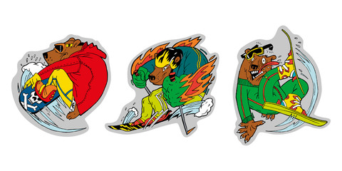 Three bears are lovers of winter sports, skiing and snowboarding. Color illustrations, stickers, can be used in advertising and sports products.