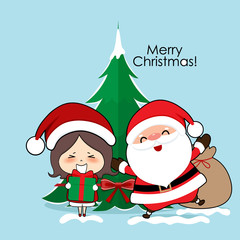 Santa Claus and cute character girl with santa costume. Christmas background. Christmas Greeting Card. Vector illustration.
