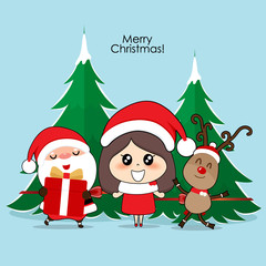 Santa Claus, Cute reindeer, and Cute character girl with santa costume. Christmas background. Christmas Greeting Card. Vector illustration.