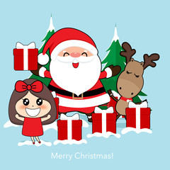 Santa Claus, Cute reindeer, and Cute character girl with santa costume. Christmas background. Christmas Greeting Card. Vector illustration.