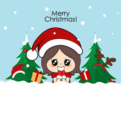 Cute character girl with santa costume. Christmas background. Christmas Greeting Card. Vector illustration.