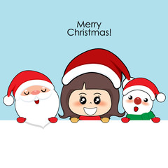 Santa Claus and Cute character girl with santa costume. Christmas background. Christmas Greeting Card. Vector illustration.