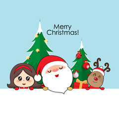 Santa Claus, Cute reindeer, and Cute character girl with santa costume. Christmas background. Christmas Greeting Card. Vector illustration.