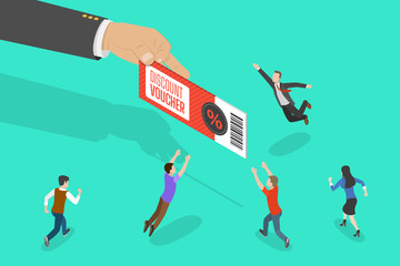 Isometric flat vector concept of discount voucher chasing, advertising campaign and promotion strategy, shop loyalty program.