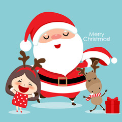 Christmas Greeting Card with Christmas Santa Claus, reindeer and cute girl. Vector illustration.