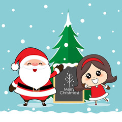 Santa Claus and Cute girl with santa costume. Christmas background. Christmas Greeting Card. Vector illustration.