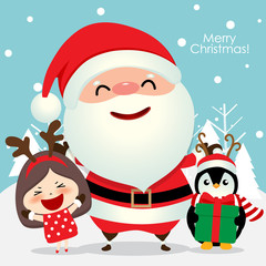 Santa Claus, Penguin and Cute girl with santa costume. Christmas background. Christmas Greeting Card. Vector illustration.