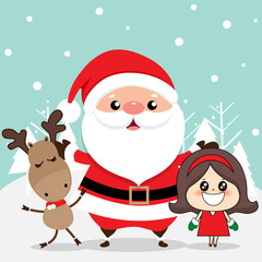 Christmas Greeting Card with Christmas Santa Claus, reindeer and cute girl. Vector illustration.