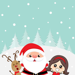 Christmas Greeting Card with Christmas Santa Claus, reindeer and cute girl. Vector illustration.
