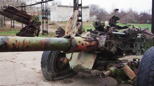 Lugansk, Ukraine - December 2, 2019: damaged Russian 100-mm anti-tank gun MT-12