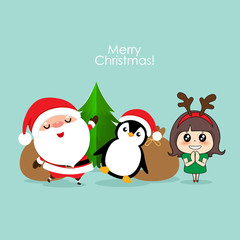 Santa Claus, Penguin and Cute girl with santa costume. Christmas background. Christmas Greeting Card. Vector illustration.