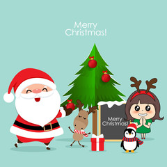 Christmas Greeting Card with Christmas Santa Claus, Penguin, reindeer and cute girl. Vector illustration.