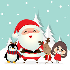 Christmas Greeting Card with Christmas Santa Claus, Penguin, reindeer and cute girl. Vector illustration.