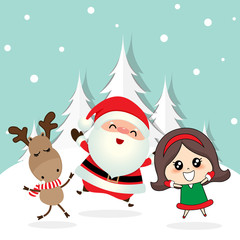 Christmas Greeting Card with Christmas Santa Claus, reindeer and cute girl. Vector illustration.
