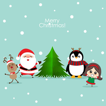 Christmas Greeting Card with Christmas Santa Claus, Penguin, reindeer and cute girl. Vector illustration.