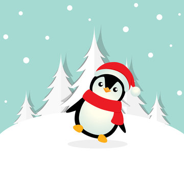 Penguin. Christmas background. Christmas Greeting Card. Vector illustration.