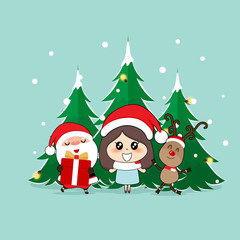 Christmas Greeting Card with Christmas Santa Claus, reindeer and cute girl. Vector illustration.