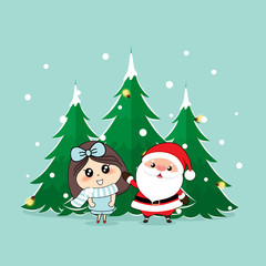 Santa Claus and Cute girl with santa costume. Christmas background. Christmas Greeting Card. Vector illustration.