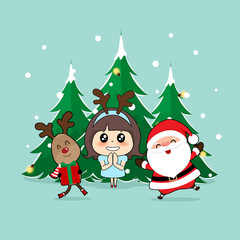 Christmas Greeting Card with Christmas Santa Claus, reindeer and cute girl. Vector illustration.
