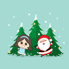 Santa Claus and Cute girl with santa costume. Christmas background. Christmas Greeting Card. Vector illustration.