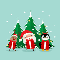 Christmas Greeting Card with Christmas Santa Claus ,Penguin and reindeer. Vector illustration.