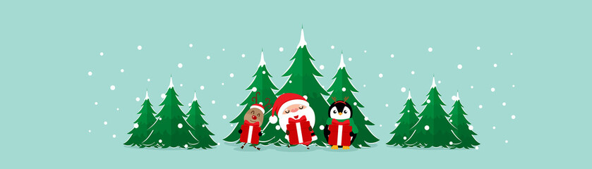 Christmas Greeting Card with Christmas Santa Claus ,Penguin and reindeer. Vector illustration.