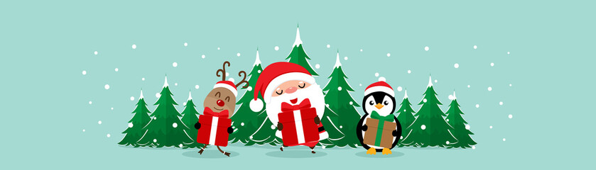 Christmas Greeting Card with Christmas Santa Claus ,Penguin and reindeer. Vector illustration.