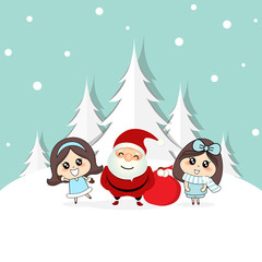 Christmas Greeting Card with Christmas Santa Claus and cute girl. Vector illustration.