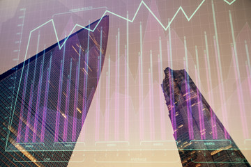 Forex chart on cityscape with tall buildings background multi exposure. Financial research concept.