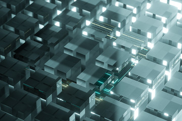 Steel frame and glowing cubes, 3d rendering.